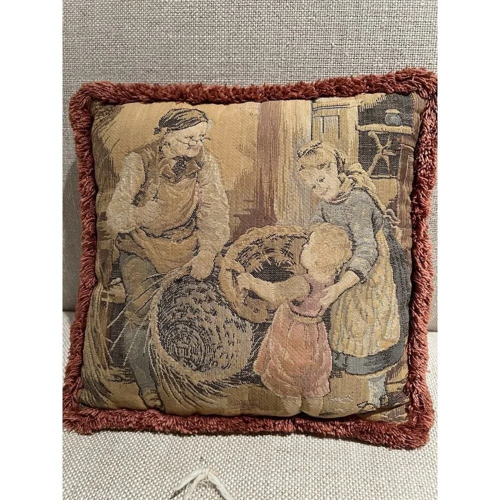 Antique FRENCH TAPESTRY w/‎ LITTLE GIRL TAKING BROKEN BASKET to the BASKET MAKER